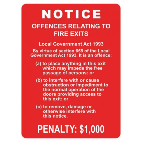 Sign - Offences to Fire Exits Penalty: $1000 - 210 x 300mm